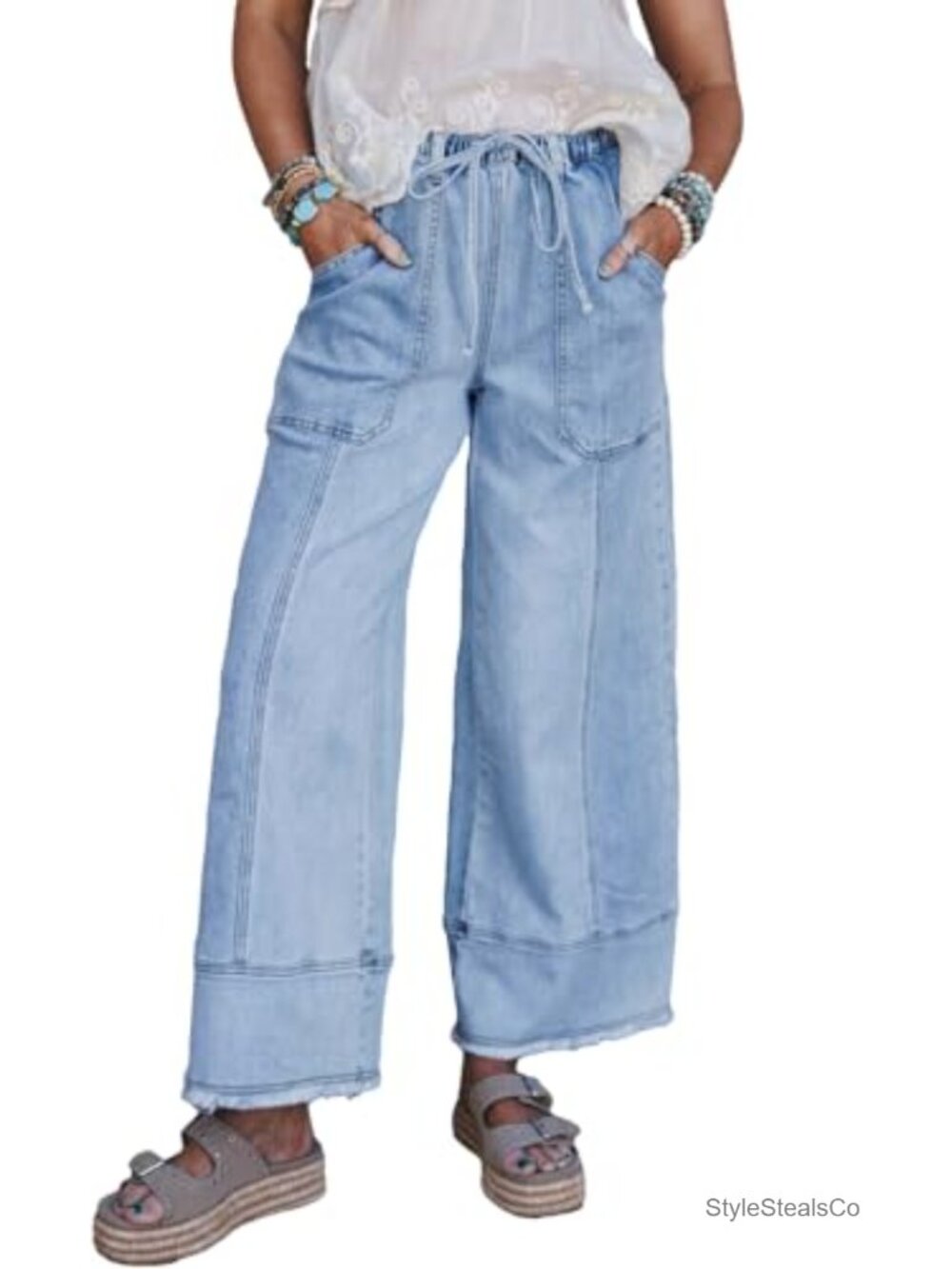 High Waisted Wide Leg Baggy Jeans Stretchy Drawstring Denim Pants
